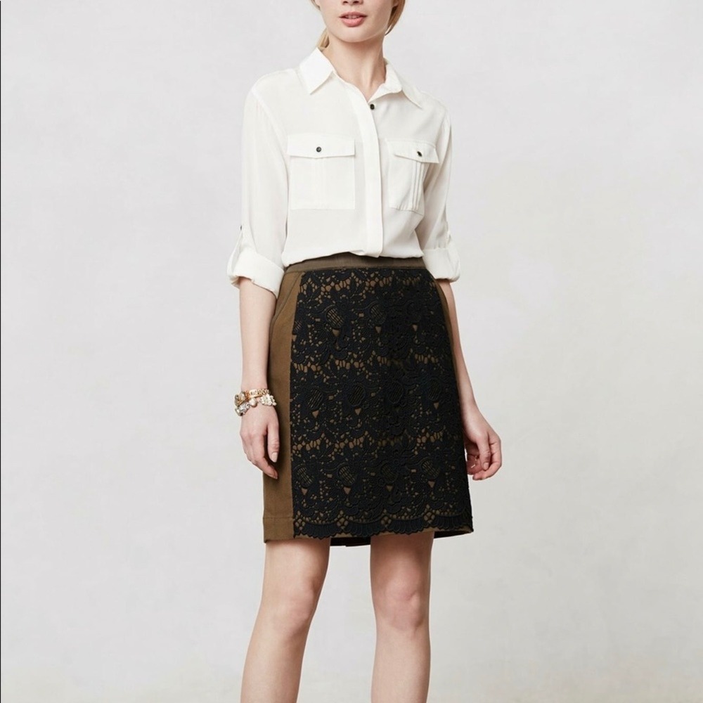 Maeve Anthropologie Olive Green Rione Lace Front Pencil Skirt Size 4